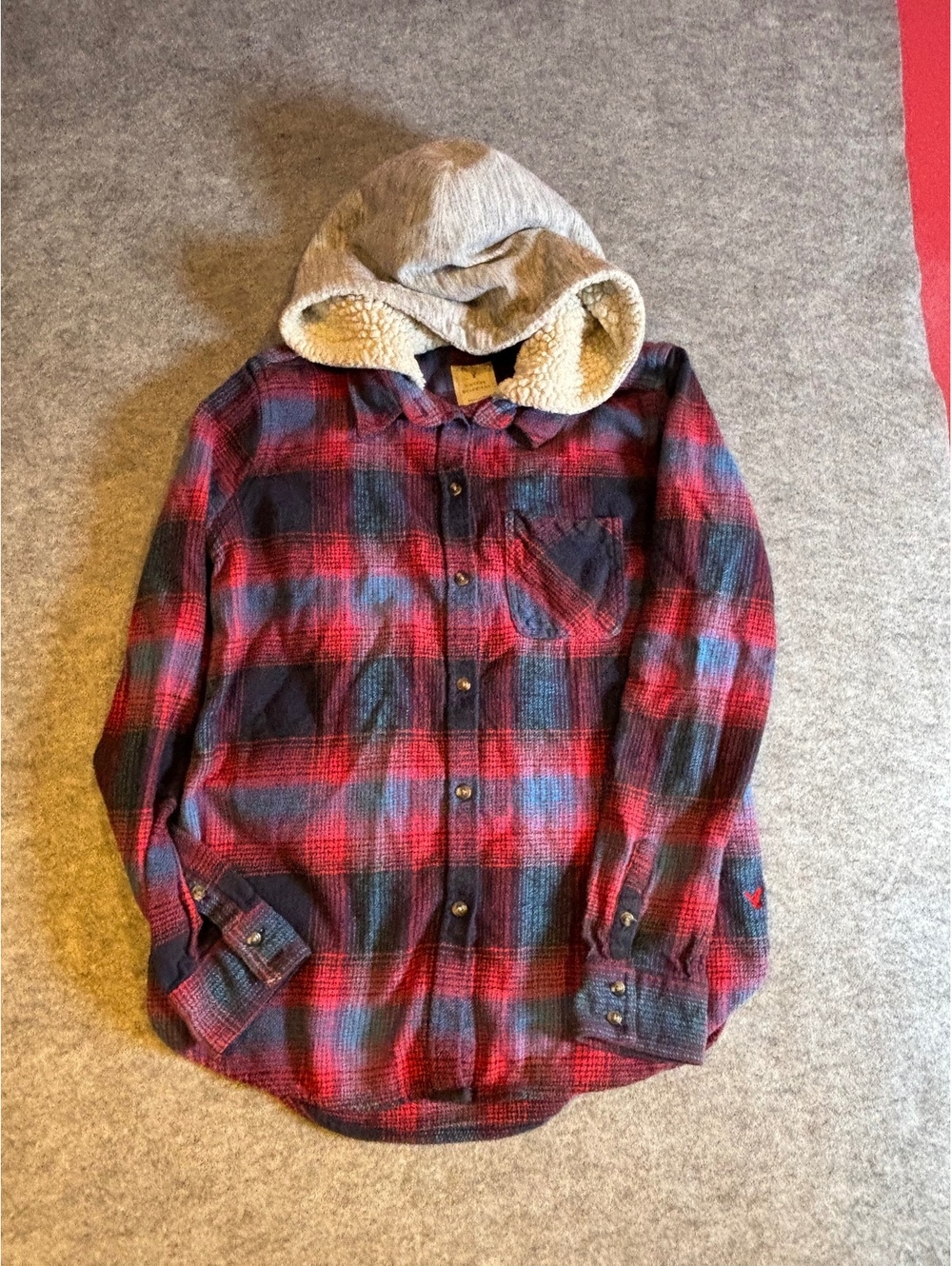 American Eagle Vintage Boyfriend Plaid Flannel Shirt with Sherpa-Lined Hood, M/M